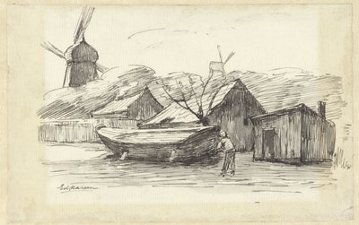 Boot, huizen en een windmolen door Eduard Karsen