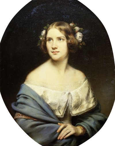 Portret van Jenny Lind, staand half lengte in een witte jurk en een lichtblauwe sjaal door Eduard Magnus