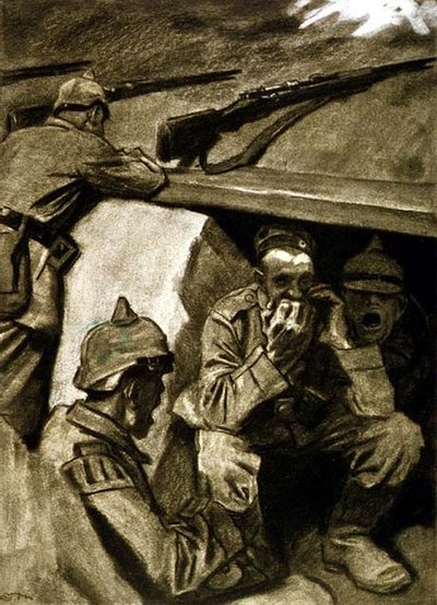 Een mondharmonica in de loopgraven, illustratie uit een Duits tijdschrift, 