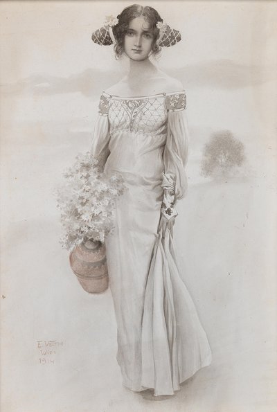 Een meisje met een kruik en een boeket bloemen, 1914 door Eduard Veith