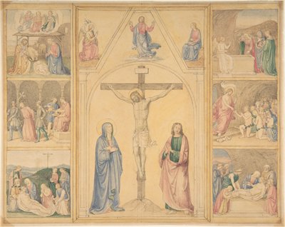 Christus aan het kruis met zes scènes uit het leven van Christus door Eduard von Steinle