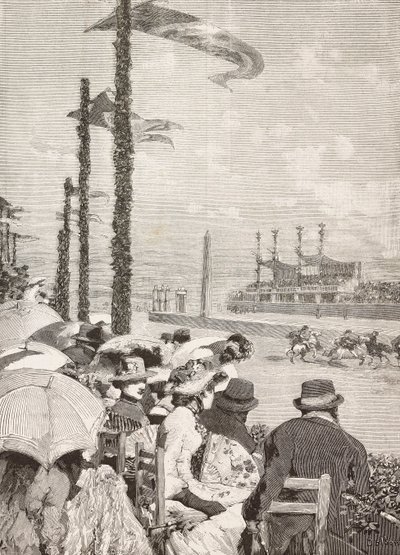 Paardenraces op de Pompeiaanse festivals, Pompeii, Italië, gravure naar tekening van Edoardo Dalbono, uit L
