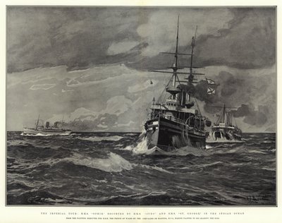 De keizerlijke tour, H.M.S. Ophir, geëscorteerd door H.M.S. Juno en H.M.S. St George, in de Indische Oceaan door Eduardo de Martino