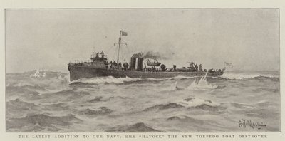 De nieuwste toevoeging aan onze marine, HMS Havock, de nieuwe torpedobootjager door Eduardo de Martino