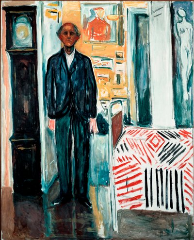 Tussen het bed en de klok Schilderij door Edvard Munch (1863-1944) 1940-1942 Dim. 149,5x120 cm Oslo, Munch-Museet door Edvard Munch