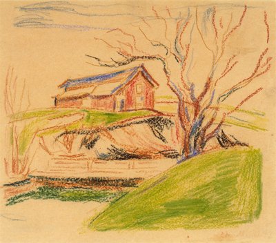 Huis op de heuvel (krijt) door Edvard Munch