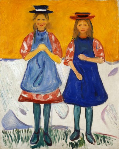 Twee kleine meisjes met blauwe schorten door Edvard Munch