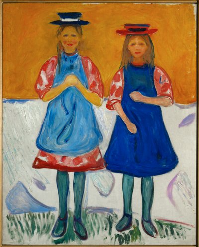 Twee meisjes met blauwe schorten door Edvard Munch