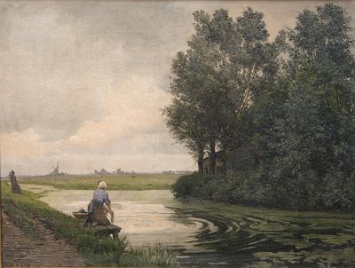 Nederlands landschap. Een meisje wast bij een kanaal door Edvard Petersen