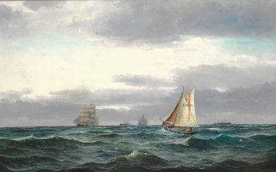 Marine met verschillende schepen, grijze regenwolken en een beetje blauwe lucht door Edvard Skari