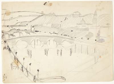 Uitzicht vanuit een raam bij Lungarno over de rivier naar Santo Spirito en San Miniatohöjderne, Florence door Edvard Weie