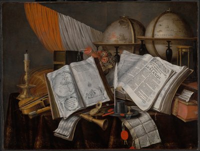 Een Vanitas Stilleven met een Vlag, Kandelaar, Muziekinstrumenten, Boeken, Schrijfbenodigdheden... door Edwaert Collier