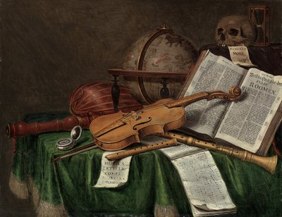 Vanitas stilleven met een astrologische globe, een viool, een schedel, een zandloper, een open boek, een partituur, een horloge, een luit en andere muziekinstrumenten op een gedrapeerde tafel, 1680s door Edwaert Colyer or Collier
