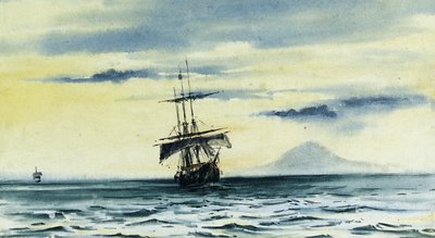 Het laatste zicht op Mount Discovery: SS. "Morning" en "Terra Nova" volgen de "Discovery" uit McMurdo Strait door Edward Adrian Wilson