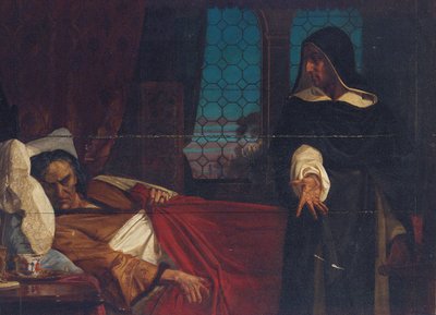 Een gehulde figuur voor het bed van een gekwelde man door Edward Armitage