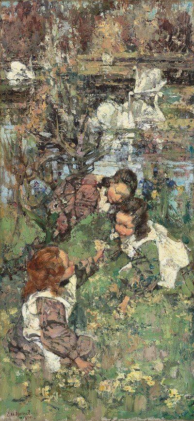 Meisjes en zwanen door Edward Atkinson Hornel