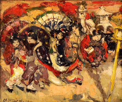Japanse figuren in een tuin door Edward Atkinson Hornel