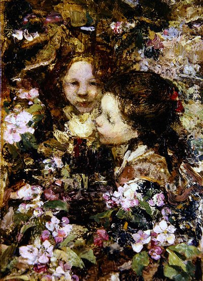 Twee meisjes tussen de bloesems door Edward Atkinson Hornel