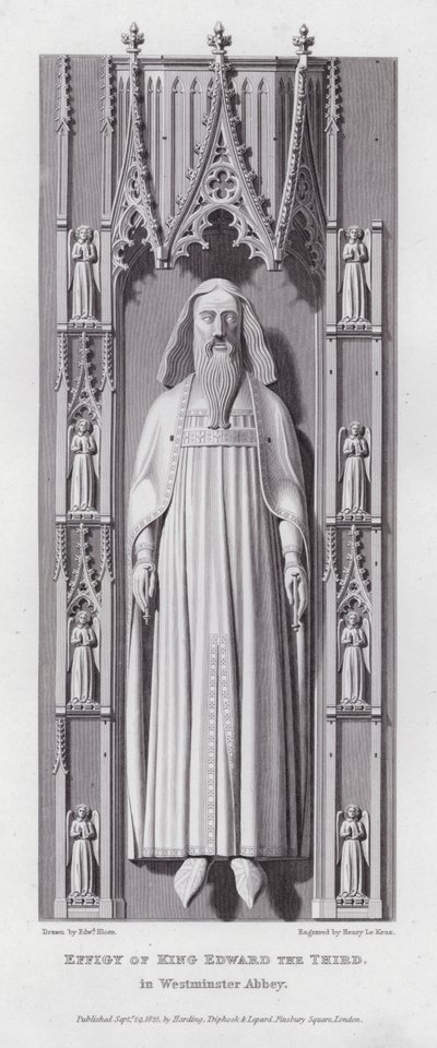 Beeld van koning Edward de Derde, in Westminster Abbey (gravure) door Edward Blore