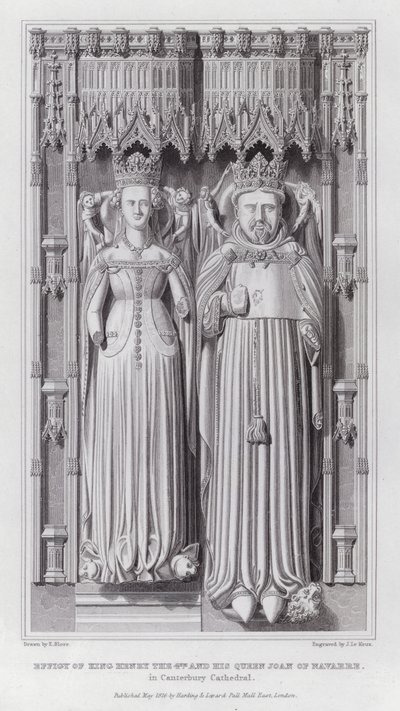 Beeld van Koning Hendrik de 4e en zijn Koningin Joan van Navarra, in de Kathedraal van Canterbury (gravure) door Edward Blore