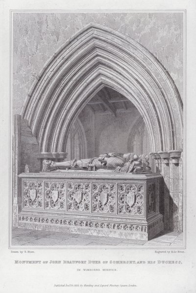 Monument van John Beaufort Hertog van Somerset, en zijn Hertogin, in Wimborne Minster (gravure) door Edward Blore