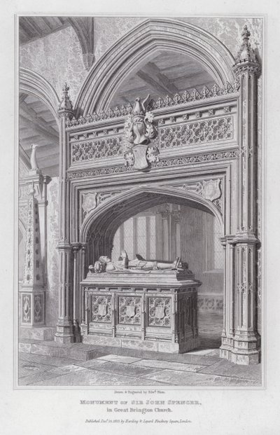 Monument van Sir John Spencer, in Great Brington Church (gravure) door Edward Blore