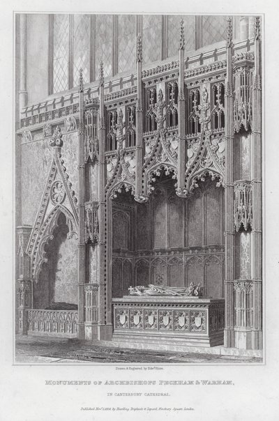 Monumenten van Aartsbisschoppen Peckham en Warham, in de Kathedraal van Canterbury (gravure) door Edward Blore