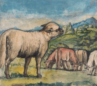 Lam en Ossen in een Pastoraal Landschap door Edward Calvert