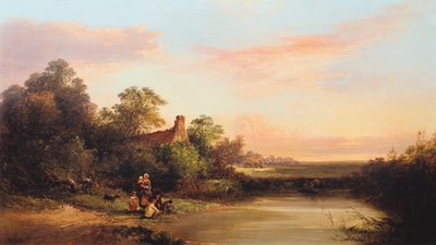 Engels landschap met huisje en stroom, 1860 door Edward Charles Williams