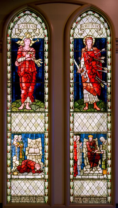 Liefdadigheid en Standvastigheid (David Treurt en David Getroost), ca. 1896 (glas-in-lood) door Edward Burne Jones