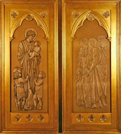 Christus zegent de kleine kinderen en vrouwen brengen kinderen naar de aanwezigheid van Christus door Edward Coley Burne Jones