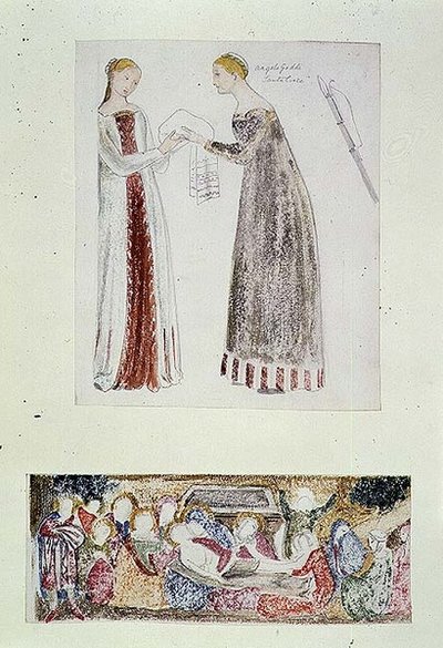 Twee dienstmeisjes, een kopie van De Geboorte van Maria door Giovanni da Milano door Edward Coley Burne Jones