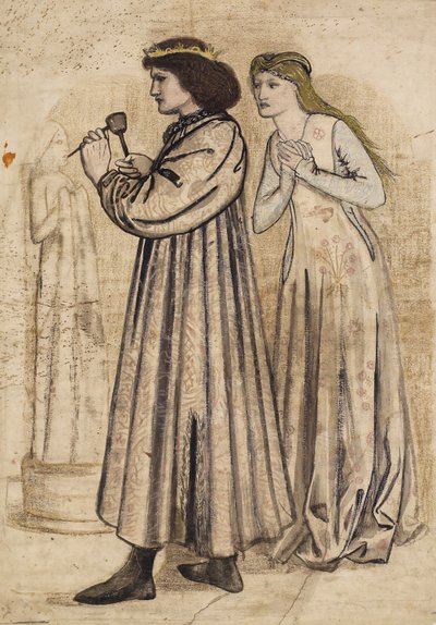 Scène van koning René die een figuur beeldhouwt terwijl hij wordt bekeken door zijn nieuwe bruid door Edward Coley Burne Jones