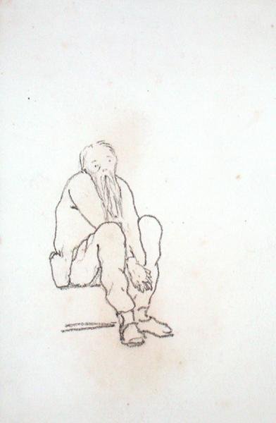 Zelfportret van de kunstenaar, zittend, met zijn handen tussen zijn knieën, uit een album met tekeningen door Edward Coley Burne Jones