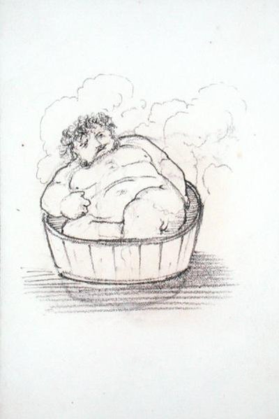 William Morris (1834-96) in een badkuip, uit een album met tekeningen door Edward Coley Burne Jones