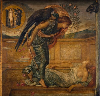 Cupido en Psyche - Palace Green Muurschilderingen - Cupido vindt Psyche slapend bij een fontein, 1881 door Edward Burne Jones