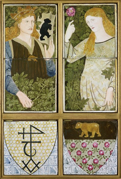 Koning Arthur en Koningin Guinevere, Zes Tegelpaneel vervaardigd door Morris, Marshall, Faulkner & Co. door Edward Burne Jones