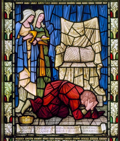 Koning David huilend en biddend voor het leven van zijn zieke kind, en dan met moed de dood van het kind accepterend, c.1896 door Edward Burne Jones