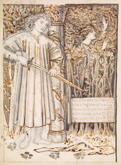 Pyramus en Thisbe - Pyramus trekt zijn zwaard om zichzelf te doden, 1866 door Edward Burne Jones