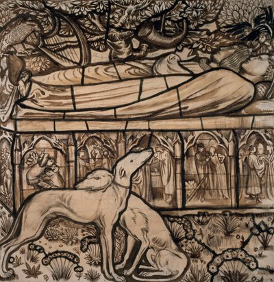 Het graf van Tristram en Iseult, cartoon voor glas-in-lood, 1862 door Edward Burne Jones