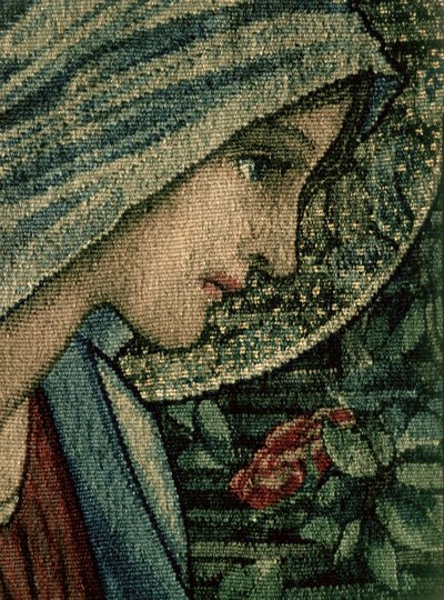 Het Gezicht van de Maagd, detail van De Aanbidding der Wijzen, gemaakt door William Morris en Co. Merton Abbey handgeweven wol tapijt (detail) door Edward Burne Jones
