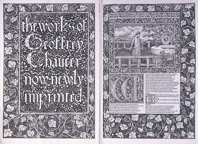 Titelpagina en openingspagina van de Kelmscott Press editie van "The Works of Geoffrey Chaucer", 1896 door Edward Burne Jones