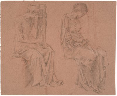 Twee studies van een zittend meisje dat een citer bespeelt door Edward Coley Burne Jones