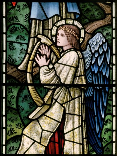 Wilden, All Saints, Morris & Co., Edward Burne-Jones, John Henry Dearle, Engelen van het paradijs, Angel Musicians (detail), Louisa, Alfred, The Baldwins, Premier, Methodist, Worcestershire door Edward Coley and Dearle Burne Jones