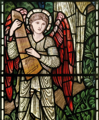 Wilden, All Saints, Morris & Co., Edward Burne-Jones, John Henry Dearle, Engelen van het paradijs, Angel Musicians (detail), Louisa, Alfred, The Baldwins, Premier, Methodist, Worcestershire door Edward Coley and Dearle Burne Jones