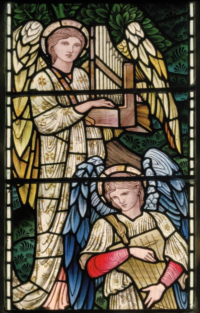 Wilden, All Saints, Morris & Co., Edward Burne-Jones, John Henry Dearle, Engelen van het paradijs, Angel Musicians (detail), Louisa, Alfred, The Baldwins, Premier, Methodist, Worcestershire door Edward Coley and Dearle Burne Jones