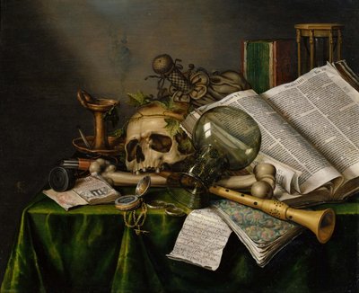 Vanitas. Stilleven met boeken, manuscripten en een schedel door Edward Collier