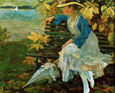 Vrouw op een bankje bij een meer door Edward Cucuel