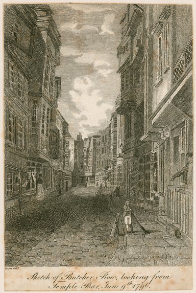 Schets van Butcher Row, gezien vanaf Temple Bar, 9 juni 1796 door Edward Dayes