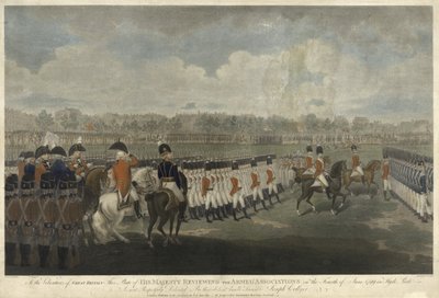 De koning beoordeelt de gewapende vereniging in Hyde Park op 4 juni 1799, gegraveerd door J. Collyer, 1801 door Edward Dayes
